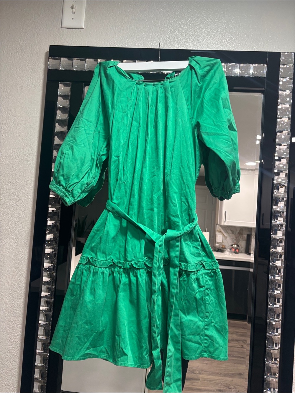 Karl Lagerfeld Emerald Green Puff-Sleeve Mini Dress with Belt